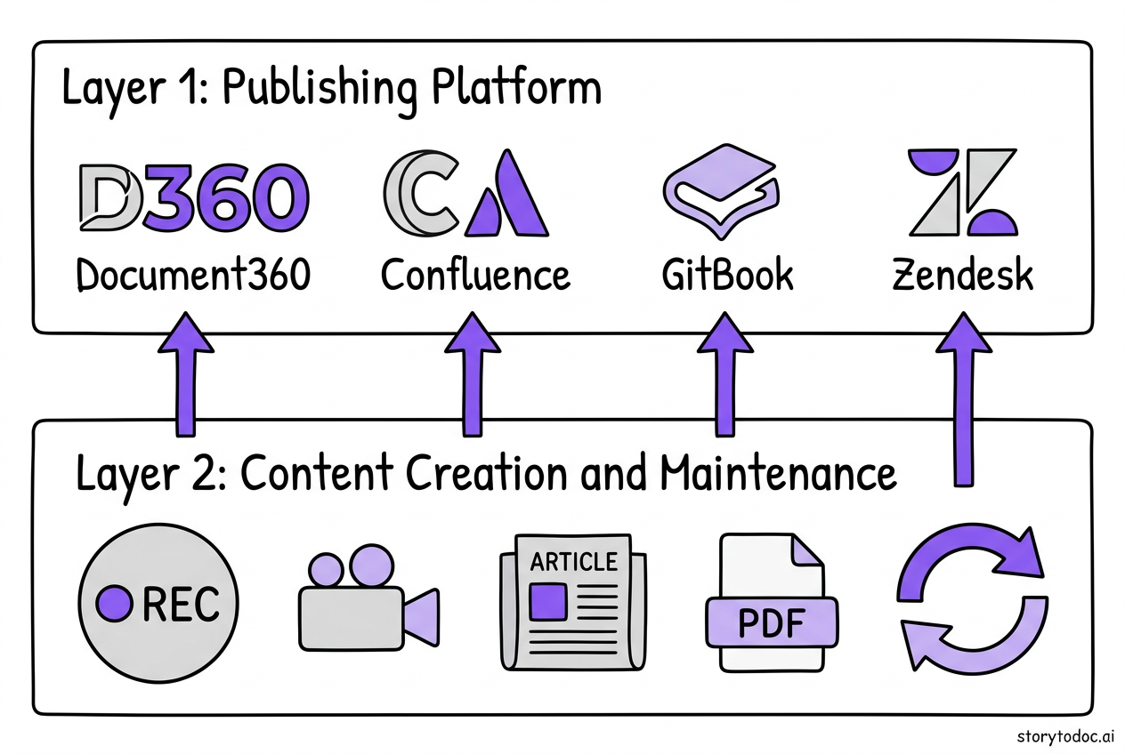 Two-layer documentation stack showing creation layer feeding into publishing platform
