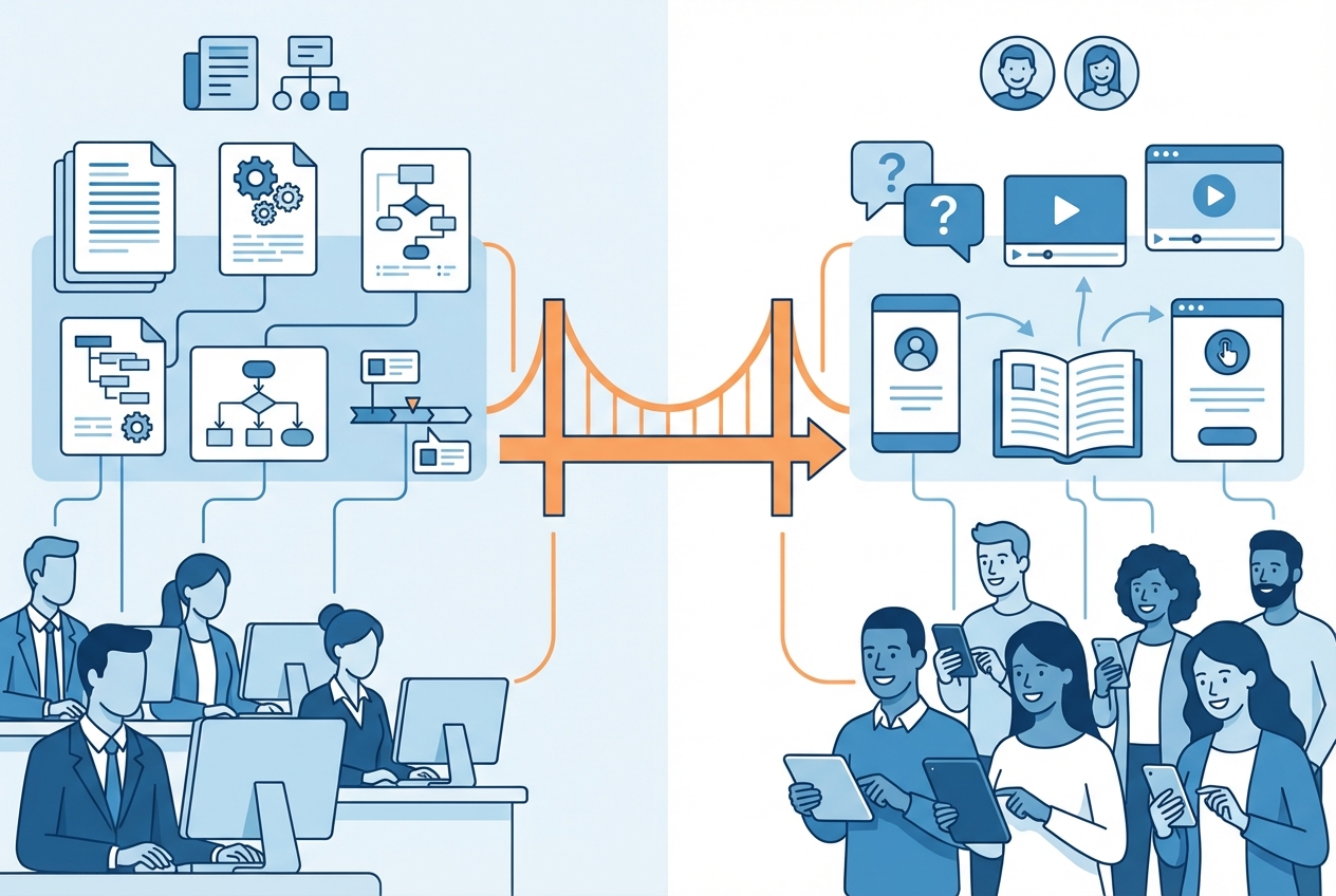 Split view showing internal documentation like PRDs on one side and user-facing help articles on the other