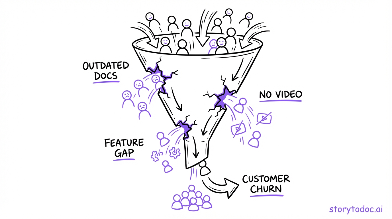 Funnel diagram showing customers leaking out through documentation gaps including outdated docs, no video, and feature discovery failures