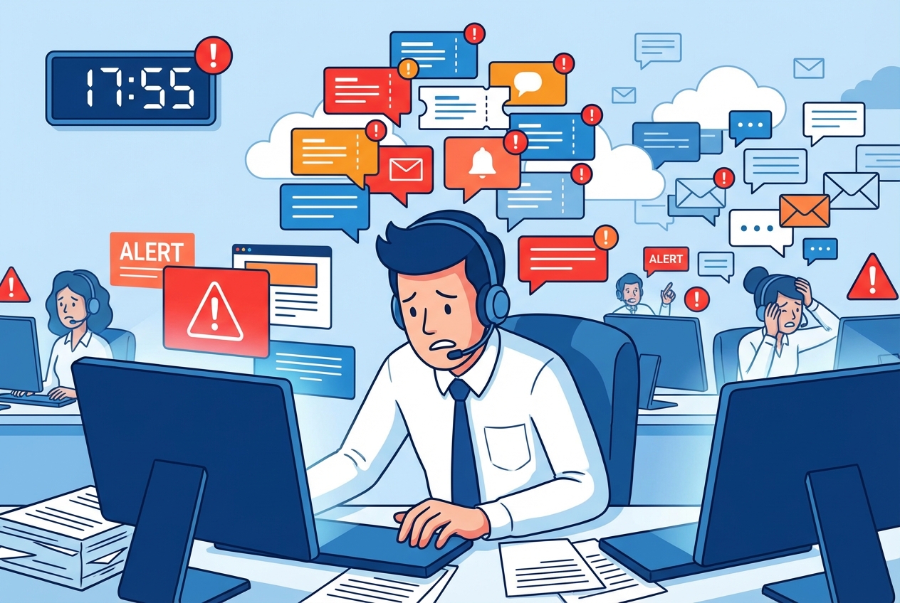 Frustrated support agent overwhelmed by repetitive support tickets