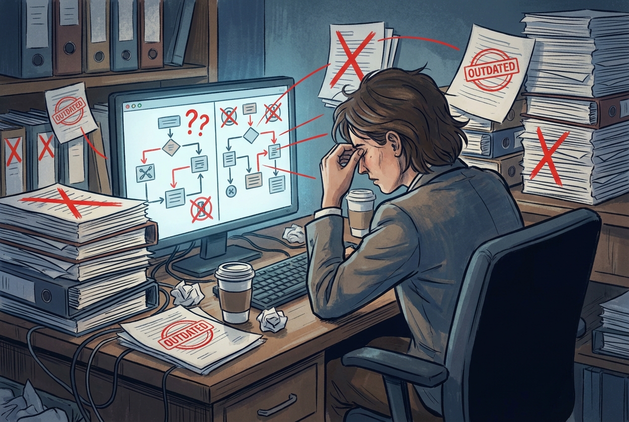 Employee frustrated by outdated SOP documentation on computer screen