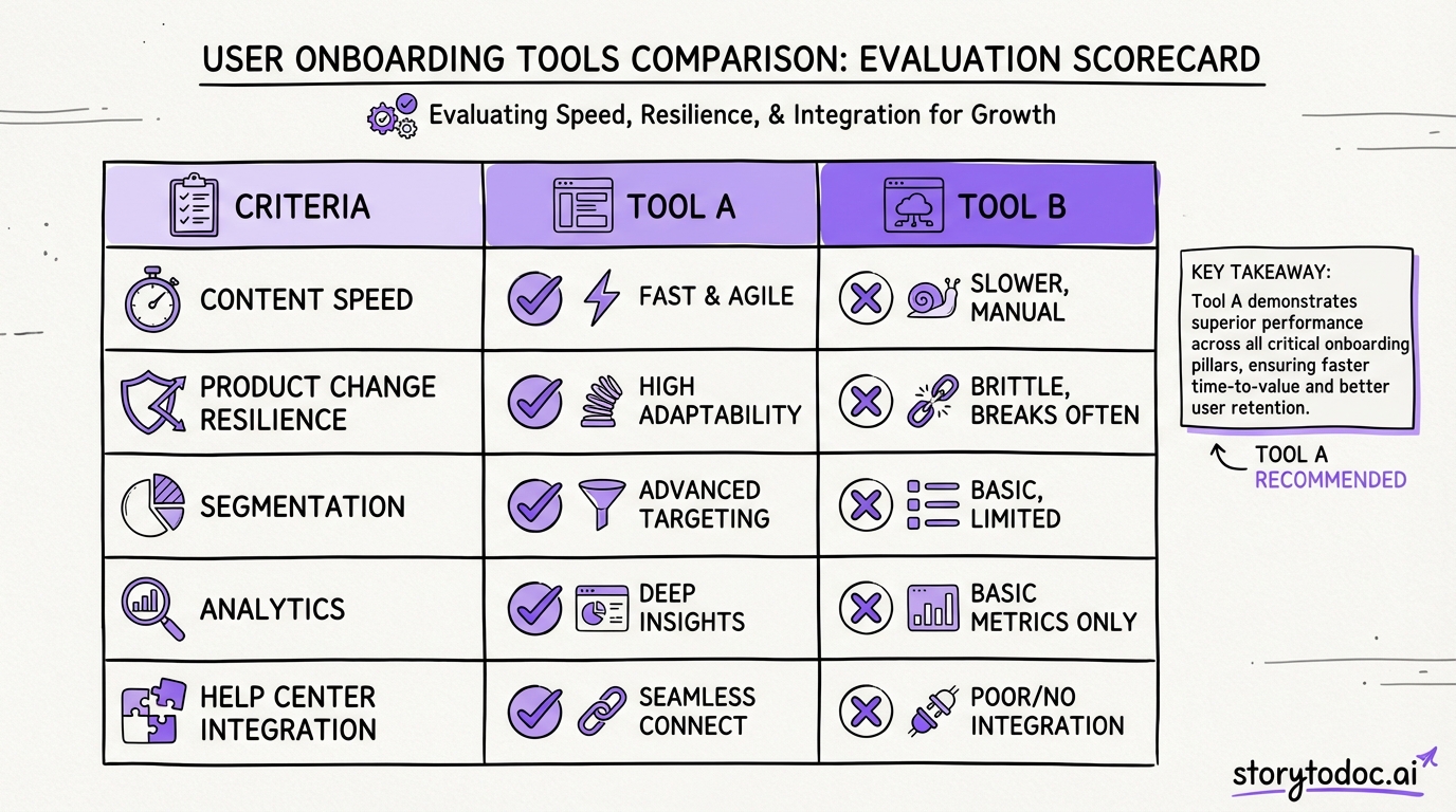 Evaluation scorecard for user onboarding software with 5 criteria: content creation speed, resilience to product changes, segmentation, analytics, and help center integration