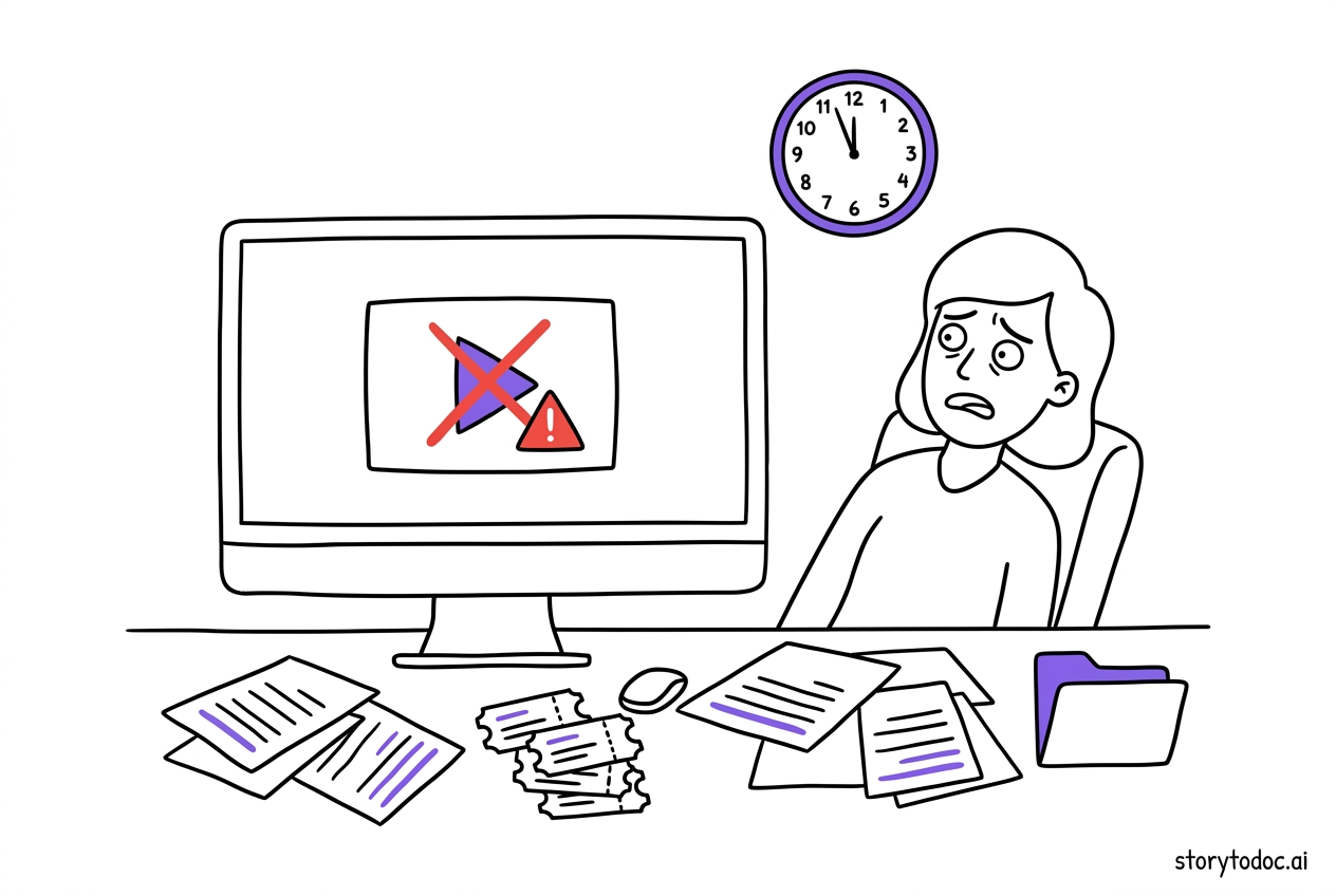 Frustrated product manager looking at outdated video documentation